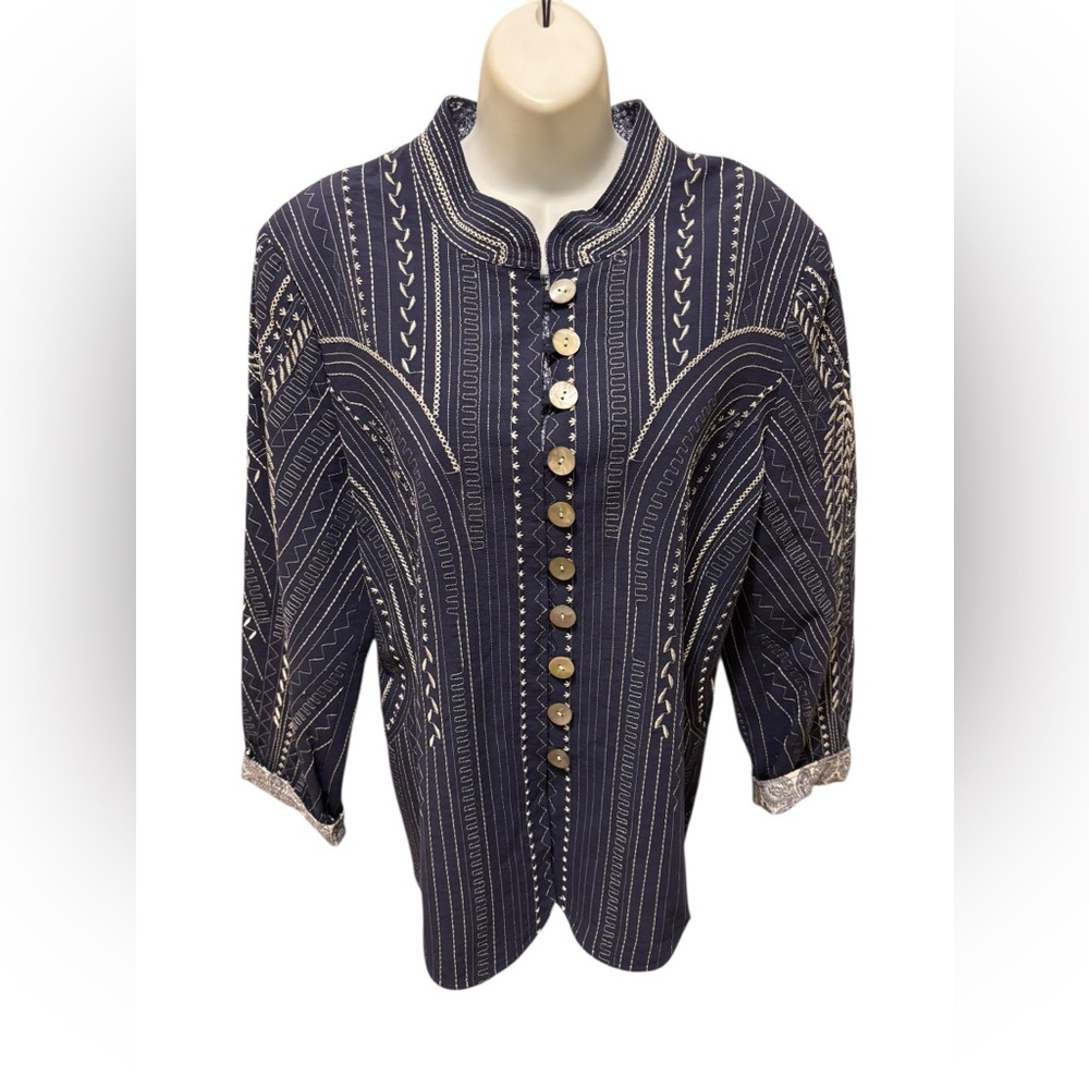 John Mark Embroidered Lined Jacket Blue Cream Sz XL Contrast Cuff Lagenlook - Picture 3 of 11